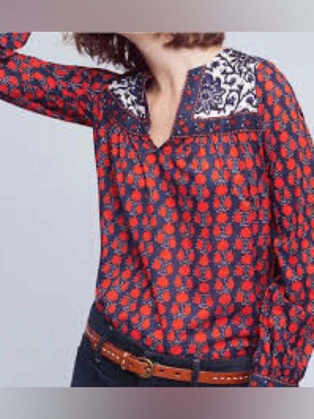 Anthropologie Navy and Red V-Neck Pullover